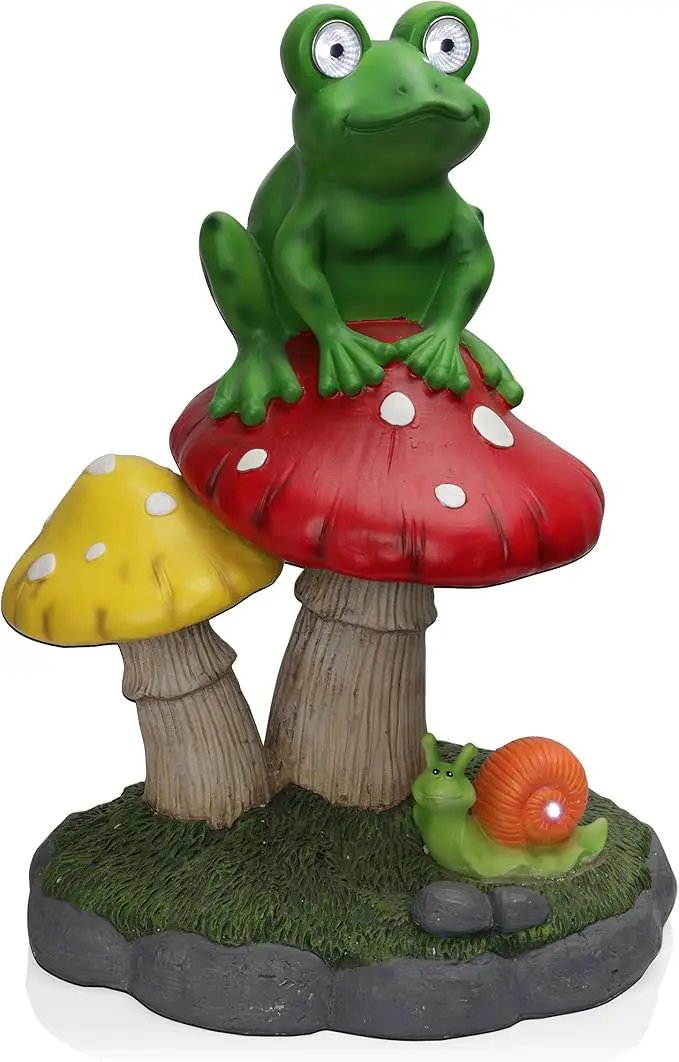Alpine Corporation ZEN390SLR-L Frog on Mushroom Statue with LED Lights, Solar-Powered LED Frog Garden Statue, 24" H, Green by GreenHaven Gardens