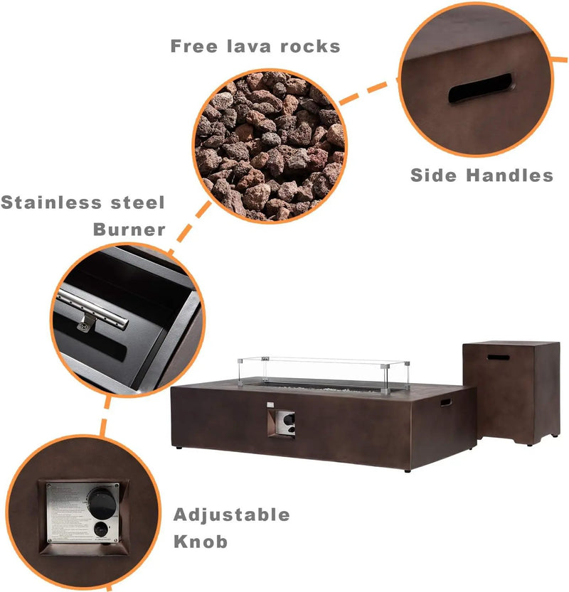 COSIEST 2-Piece Outdoor Propane Fire Table Set, Rectangle Concrete 56" x 28" Bronze Fire Pit (CSA Certified, 50,000 BTU) w 20lb Tank Table, Wind Guard, Waterproof Cover for Garden, Porch, Backyard by GreenHaven Gardens