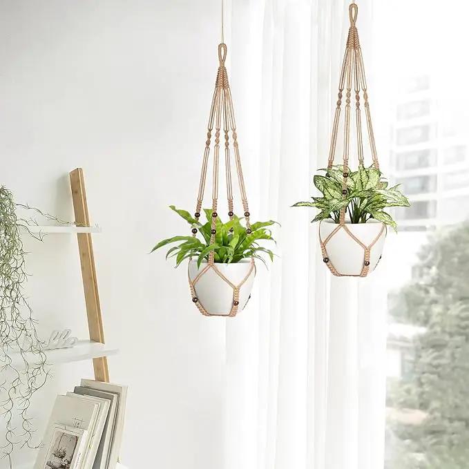 Mkono 43 Inch Macrame Plant Hanger Large for up to 12 Inch Pot Extra Long Hanging Plant Holder No Tassels Hanging Planter Basket with Wood Beads for Indoor Outdoor Home Decor, Brown, Set of 2 by GreenHaven Gardens