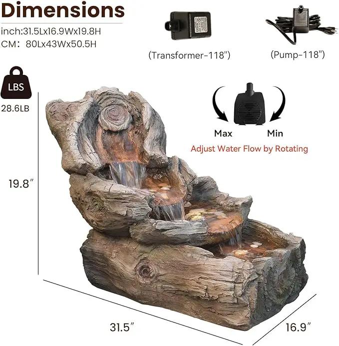 31.5" L Garden Water Fountain Outdoor, Artifical Imitation Wood Outdoor Water Fountain Natural Waterfall with LED Lights for Patio,Porch,Backyard,Home Art Decor（Resin） by GreenHaven Gardens