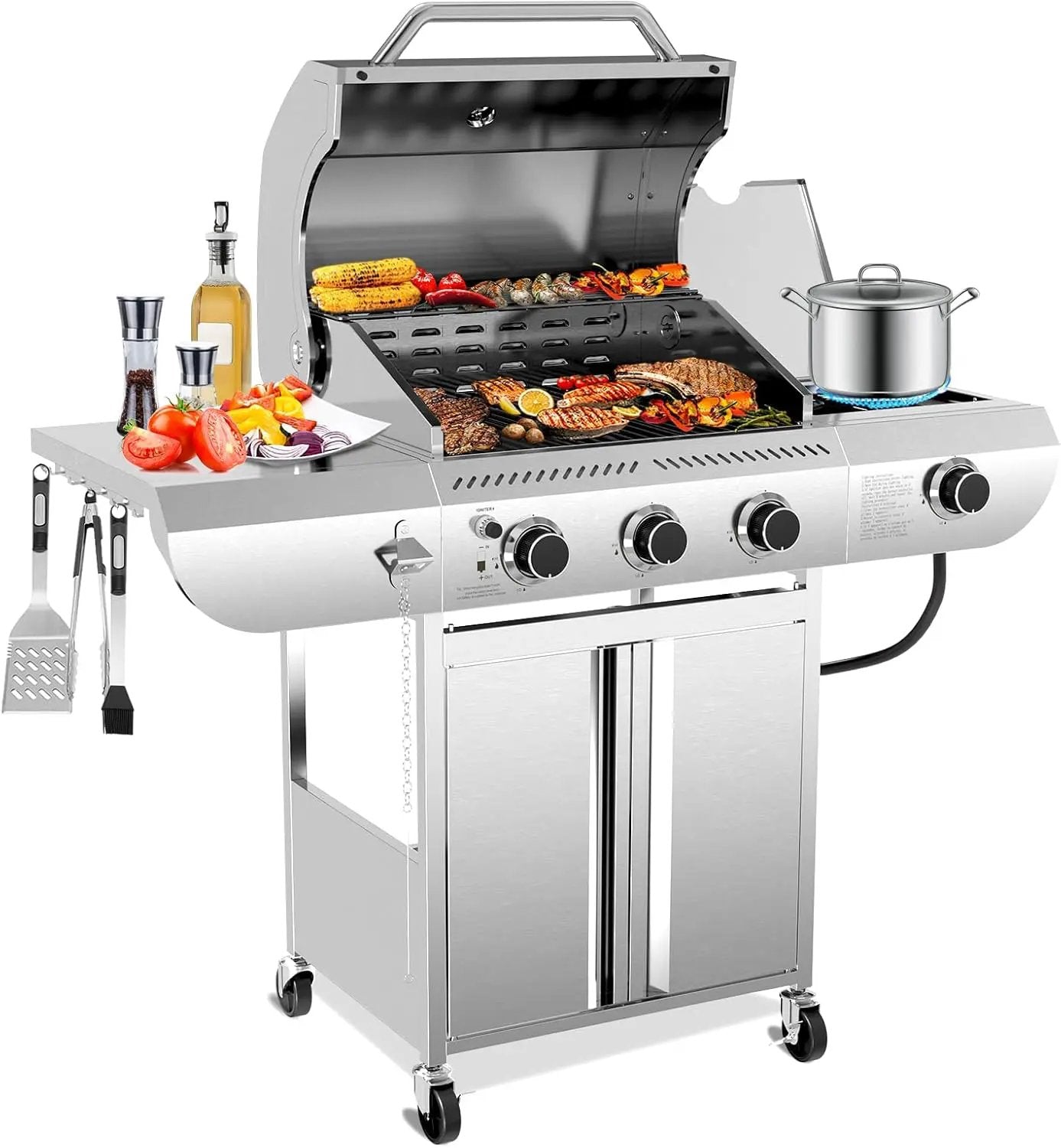 3-Burner Propane Gas Grill with Side Burner – 34,000 BTU Stainless Steel Outdoor BBQ Grill, Cast Iron Grates, Portable with Wheels for Patio, Camping by GreenHaven Gardens