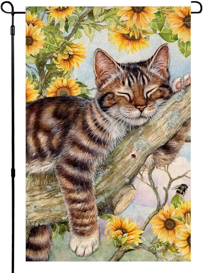 BLKWHT Summer Cat Garden Flag 12x18 Inches Double Sided for Outside, Sunflower Burlap Small Seasonal Yard Flag for Outdoor Decor BW640 by GreenHaven Gardens