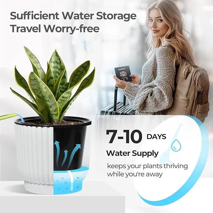 T4U 7 Inch Self Watering Pots for Indoor Plants, 4 Pack White Plastic Flower Pots for All House Plants, Flowers, African Violets by GreenHaven Gardens