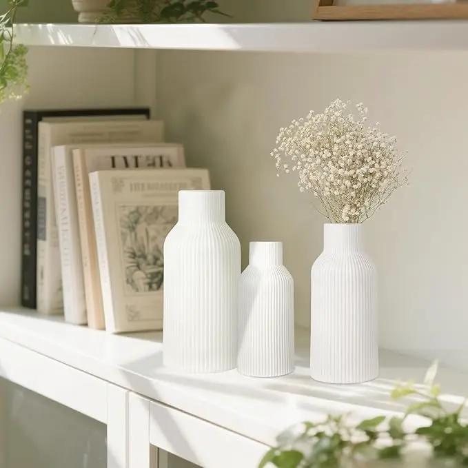 Ceramic Vase Set of 3, White Vase for Modern Home Decor, Decorative Vases for Bouquet Pampas Grass Dried Flowers, Living Room, Bedroom, Bathroom, Shelf Centerpiece Table Decorations by GreenHaven Gardens