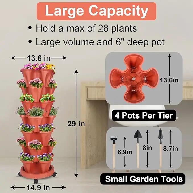 DUNCHATY Stackable Planters 7 Tier Vertical Garden Planting Tower Planters Strawberry, Herb, Flower, and Vegetable Planter Indoor Outdoor Gardening Pots with Removable Wheels and Tools by GreenHaven Gardens