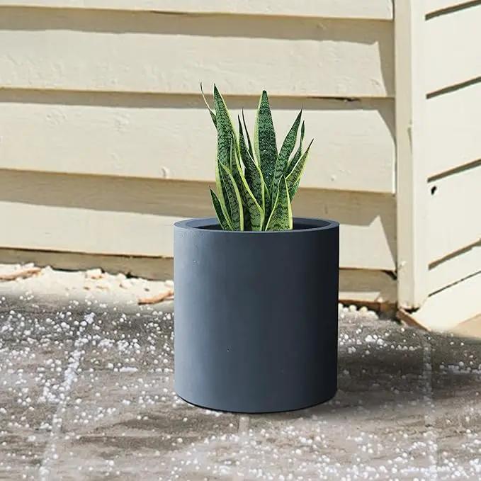 Kante 15.7" Dia Round Concrete Planter, Modern Style Large Cylindrical Plant Pot with Drainage Hole and Rubber Plug for Indoor Outdoor Patio, Charcoal by GreenHaven Gardens