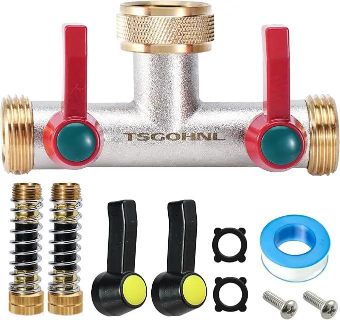 Brass Garden Hose Splitter, 2-Way Heavy Duty Faucet Splitter, 180° longitudinal，Frost Resistant Faucet Diverter for GHT 3/4" Connectors，2 protectors to prevent hose kinking by GreenHaven Gardens