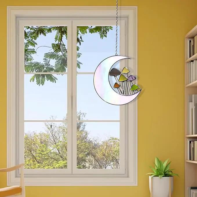 Sensory4U Mushroom Moon Stained Glass Suncatcher - Earth Tone Modern Window Hanging Wall Art - Home Decor or Garden Suncatcher for Natural Light Reflection by GreenHaven Gardens