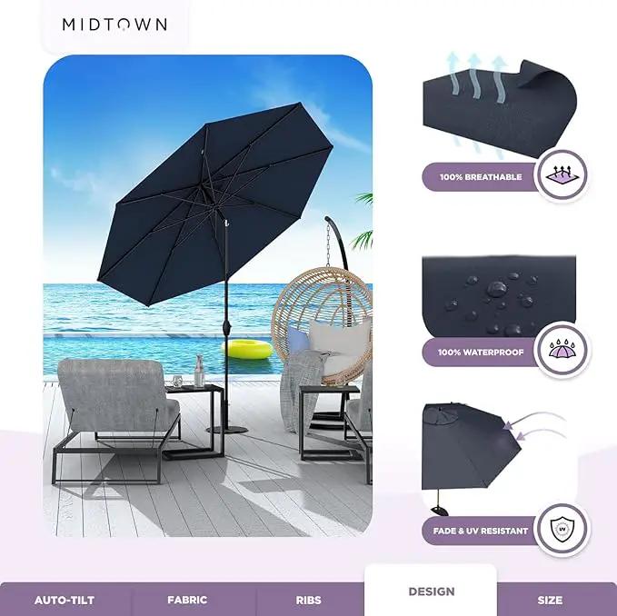 Midtown Umbrellas Sunbrella Umbrella 9 Feet Outdoor Umbrella With Canvas Navy Acrylic Fabric - Auto-Tilt Aluminum Frame Patio Umbrella For Backyard, Deck, Garden, Pool - Black Pole by GreenHaven Gardens