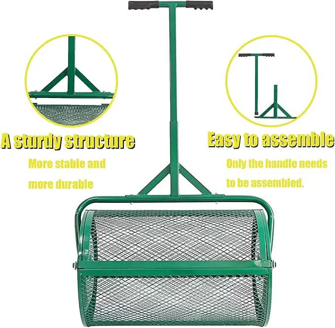 Compost Spreader, 24" Peat Moss Spreader, Roller Lawn Spreader with 3 Heights T Shaped Handle, Side Latches Powder Coated Steel Mesh Basket, Lawn & Garden Spreader for Spreading Manure Topsoil, Green by GreenHaven Gardens