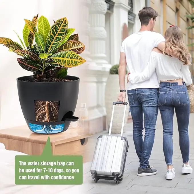 10/9/8 inch Self Watering Pots, Set of 3 Plastic Planters with Mesh Drainage Holes and Deep Reservoir for Indoor Outdoor Garden Plants and Flowers, Black by GreenHaven Gardens