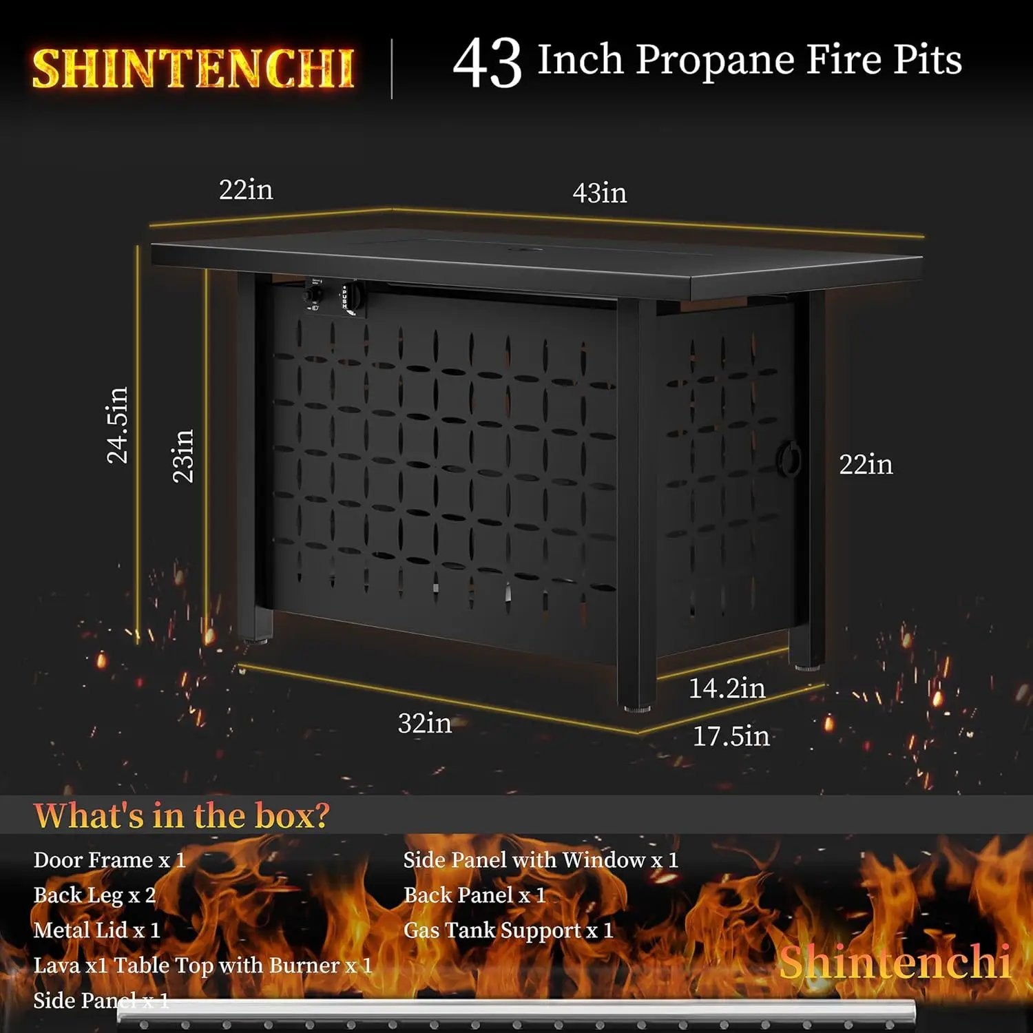 Shintenchi 43 Inch Fire Pit Table, 50,000 BTU Outdoor Propane Fire Table, Outdoor Steel Propane Fire Pit with Lid and Lava Rock for Garden, Yard, Camping, Pool Use, Black by GreenHaven Gardens