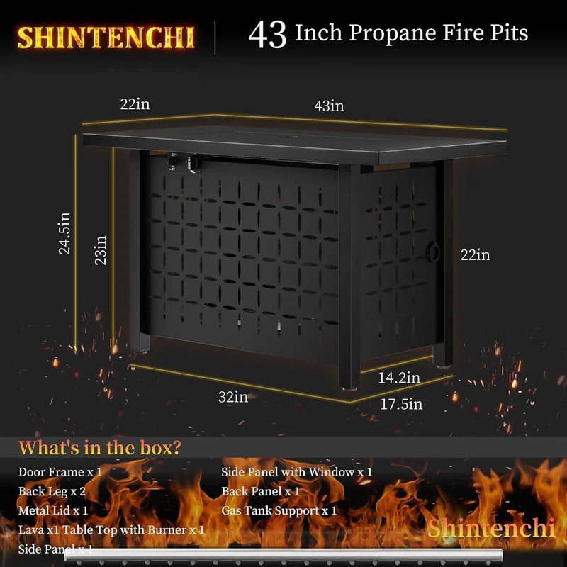 Shintenchi 43 Inch Fire Pit Table, 50,000 BTU Outdoor Propane Fire Table, Outdoor Steel Propane Fire Pit with Lid and Lava Rock for Garden, Yard, Camping, Pool Use, Black by GreenHaven Gardens