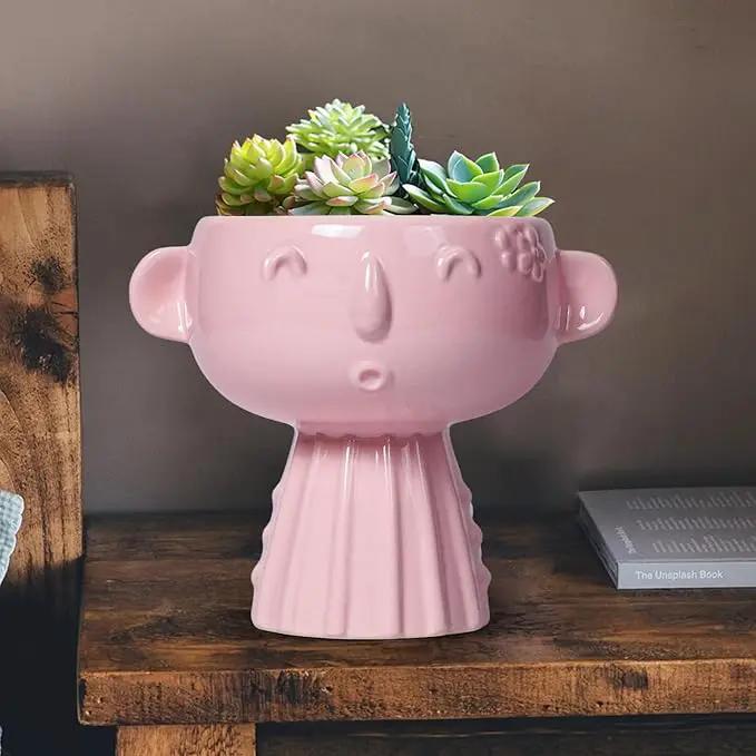 Face Pots for Plants - 7 Inch Ceramic Face Planters Pots Head for Indoor Outdoor, Small Funny Succulent Planters with Drainage Hole, House Room Apartment Decor, Gifts for Women, Bright Pink by GreenHaven Gardens