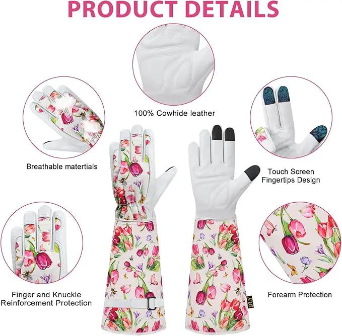 DLY Gardening Gloves for Women, Rose Gloves Gardening Thorn Proof, Long Garden Gloves for Women, Breathable Cowhide Leather Gauntlet(Medium,White) by GreenHaven Gardens