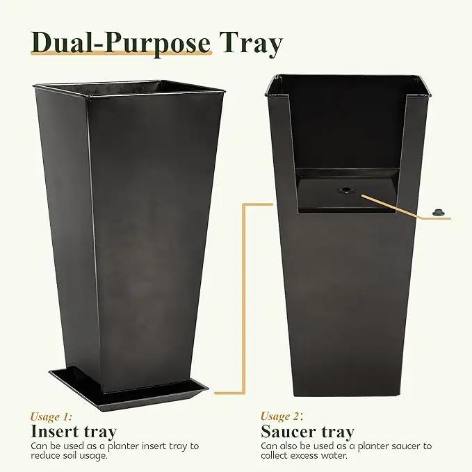 WORTH Garden 25" Large Metal Glazed Planter Set of 2, Luxurious Glossy Finish Black Tall Square Tapered Steel Plant Pots, Decor Flower Pot Indoor & Outdoor, Drainage Hole & Dual-Purpose Plant Saucer by GreenHaven Gardens