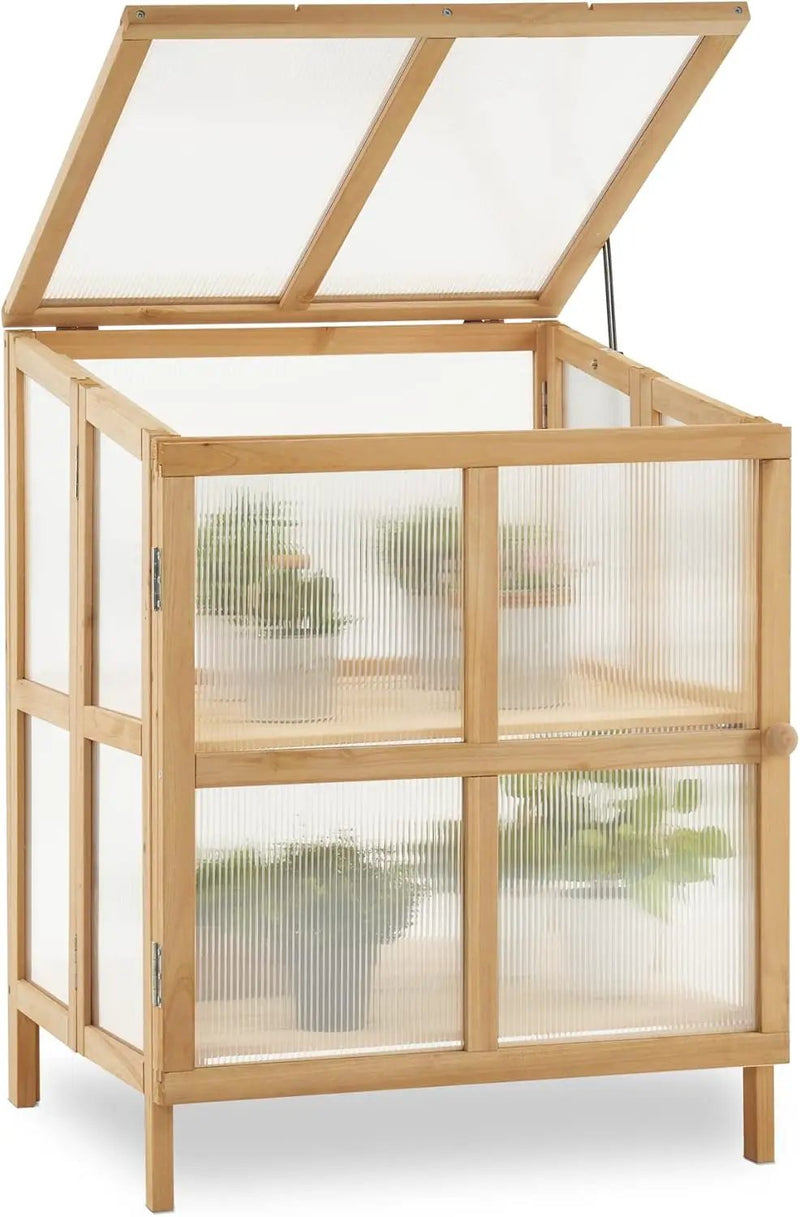 MCombo 2 Tier Foldable Cold Frame Greenhouse, Portable Wooden Greenhouse Garden Cold Frame Raised Planter Box with Shelves, 0122 (Natural) by GreenHaven Gardens