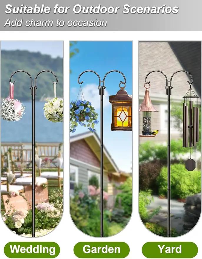 Outdoor Double Shepherds Hook with 5 Prong Base, 76 Inch Adjustable Heavy Duty Two Sided Bird Feeder Pole Stand for Hanging Plant Baskets, Solar Light Lanterns, Hummingbird Feeder, 2 Pack by GreenHaven Gardens