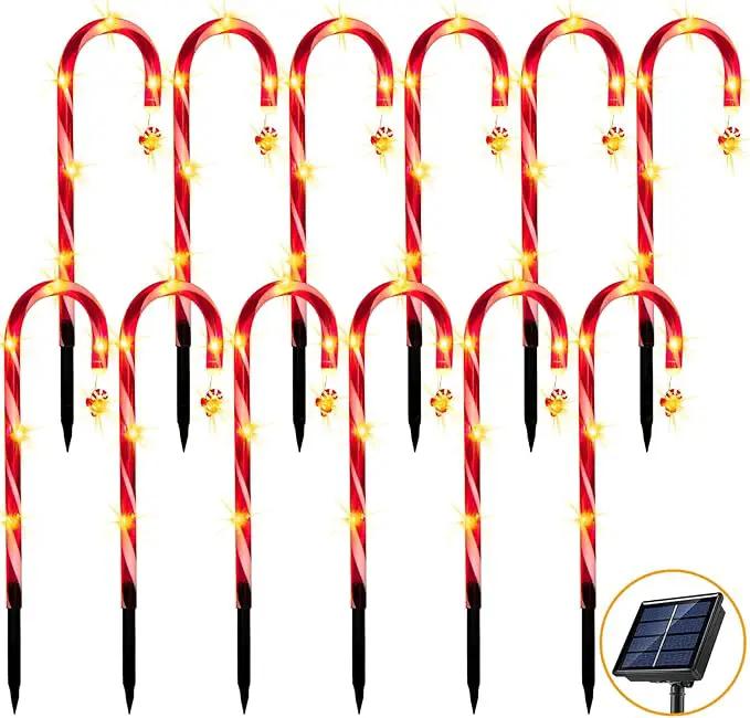 12 Pack Christmas Candy Cane Lights Outdoor Solar Pathway Lights Christmas Decorations Waterproof Driveway Walkway Markers Yard Garden Home Xmas Decor, 2-in-1 Rechargeable Solar Power by GreenHaven Gardens