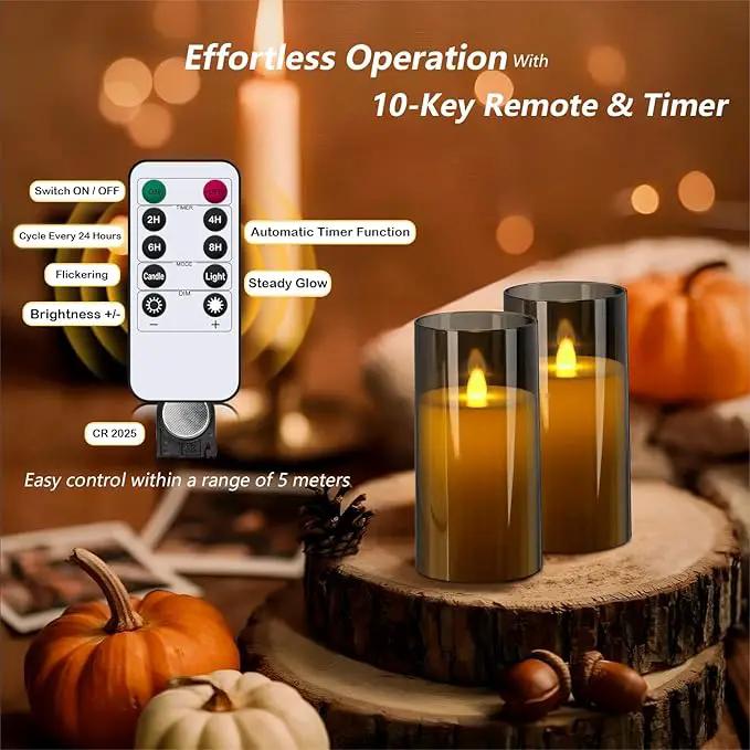 Metaku Flickering Flameless Candles Battery Operated 3D Moving Wick LED Candles with Remote, Set of 2 Grey Acrylic Electric Candles for Christmas Halloween Valentines Wedding Home Decor,D 3"×H 6" by GreenHaven Gardens