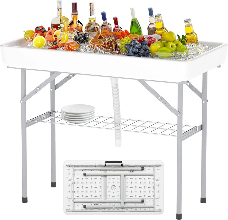 4 Foot Ice Cooler Table with Matching Skirt & Drain Hose, with Iron Stand, Portable Patio Outdoor Chilling Table Portable Bar for Events for Party, Picnic, BBQ, Camping (White) by GreenHaven Gardens