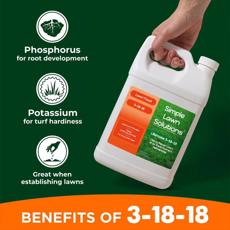 Ultimate 3-18-18 Lawn Food Liquid Fertilizer- Easy to Use Concentrated Spray- Any Grass Type- Summer & Fall - Simple Lawn Solutions- Turf Hardiness & Root Vigor- Phosphorus and Potassium (1 Gallon) by GreenHaven Gardens