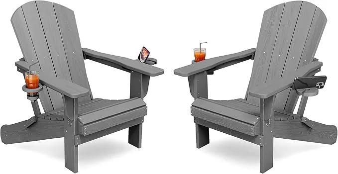 KINGYES Folding Adirondack Chair Set of 2, Dual Cup Holders & All-Weather HDPE, Wood-Like Patio Chair for Backyard, Camping, Pool & Fire Pit, Grey by GreenHaven Gardens