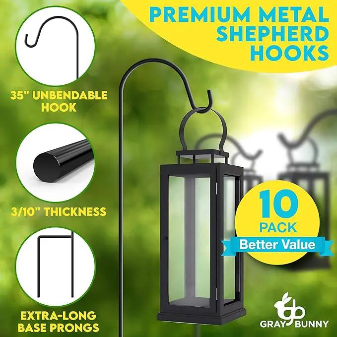 Gray Bunny Shepherds Hooks for Outdoor 35” 10 Pack, Thick Heavy Duty Bird Feeder Pole for Outside Yard, Hanging Plant Stand, Non-Hollow, Non-Adjustable, Extra Long Base Prongs for Backyard Wedding by GreenHaven Gardens