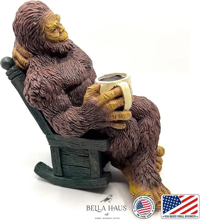 Bella Haus Bigfoot Garden Statue | Sasquatch Enjoying Morning Coffee | Whimsical Bigfoot Cabin Décor for Yard Patio Office or Home | Mythical Coffee-Loving Sasquatch Figurine | Hand-Painted Resin by GreenHaven Gardens