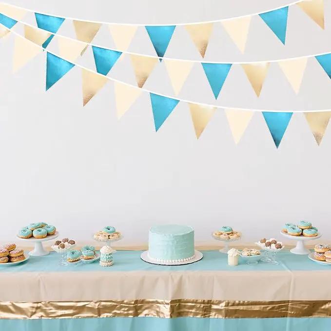 Champagne Gold Sky Blue Beige Decorations Metallic Fabric Triangle Pennant Banner Bunting Flag Garland for Birthday Baby Shower Engagement Wedding Graduation Bridal Shower Party Decorations Supplies by GreenHaven Gardens