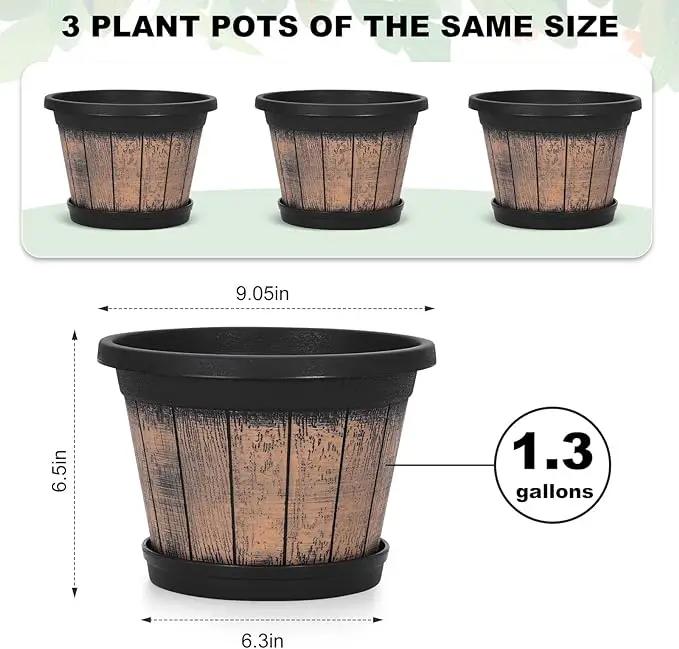Quarut Plant Pots Set of 3 Pack 9 inch,Whiskey Barrel Planters with Drainage Holes & Saucer.Plastic Decor Flower Pots Imitation Wine Barrel Design,for Indoor & Outdoor Garden Home Plants (Brown) by GreenHaven Gardens