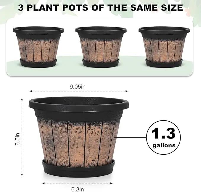 Quarut Plant Pots Set of 3 Pack 9 inch,Whiskey Barrel Planters with Drainage Holes & Saucer.Plastic Decor Flower Pots Imitation Wine Barrel Design,for Indoor & Outdoor Garden Home Plants (Brown) by GreenHaven Gardens