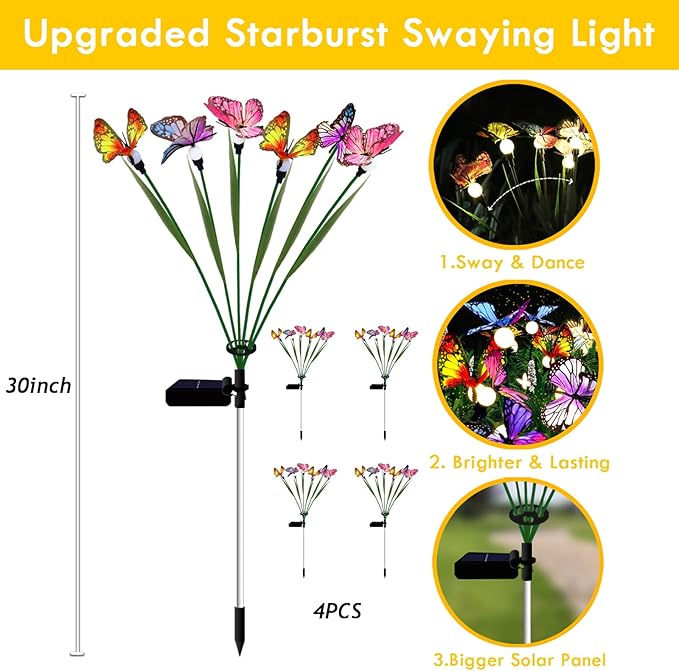 Solar Butterfly Lights Outdoor, 4 Pack 24 LED Solar Garden Lights Outdoor Waterproof,Solar Outdoor Lights Garden Decor for Yard,Patio,Lawn,Pathway by GreenHaven Gardens