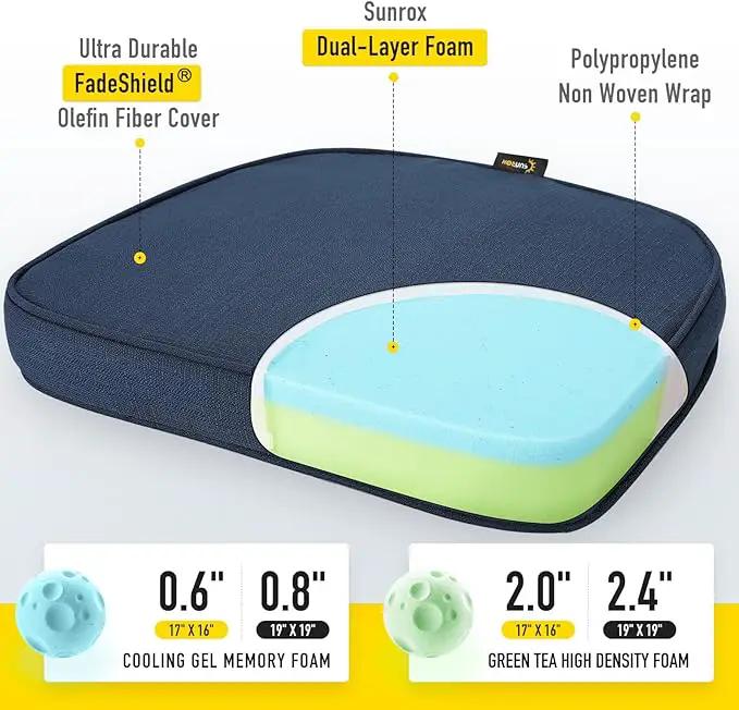 SUNROX Gel Memory Foam Chair Cushions, FadeShield Water-, Stain-Resistant Durable Reversible Seat Cushion Pads with Ties for Indoor/Outdoor Kitchen Dining Office 17"x16" Set of 2, Navy by GreenHaven Gardens