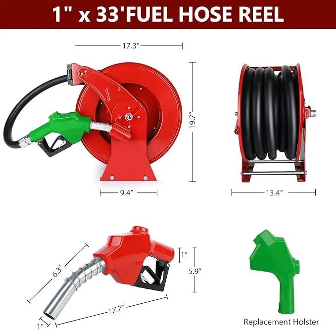 Fuel Hose Reel with Fueling Nozzle, 1" x 33FT Retractable Diesel Hose Reel, 300 PSI Industrial Heavy Duty Auto Swivel Rewind Hose Holder Reels, for Vehicle Tank Truck Trailer Ship by GreenHaven Gardens