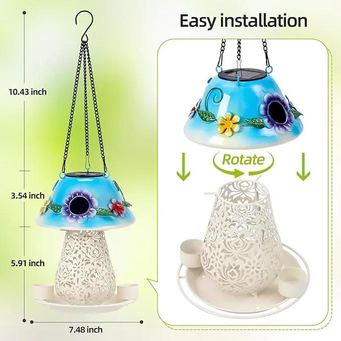 Mushroom Solar Bird Feeders for Outdoors Hanging Metal Wild Bird Feeder Garden Lantern with S Hook for Garden Decoration Blue by GreenHaven Gardens
