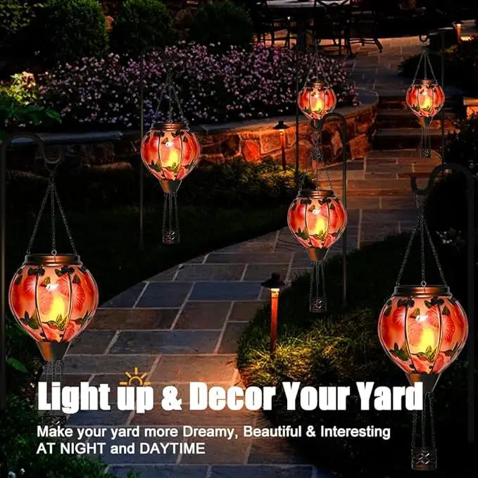 Hot Air Balloon Solar Lantern - Simulated Flickering Flame Hummingbird Glass Lantern, Outdoor Hanging Yard Light Waterproof IP65 & Weather Resistant for Garden Patio Lawn Porch Decor Gfit by GreenHaven Gardens