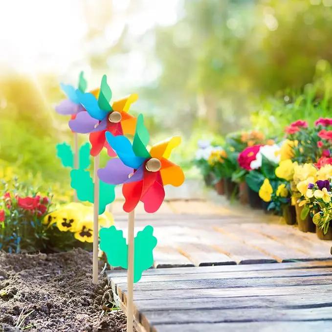 BLUE PANDA 12-Pack Rainbow Flower Pinwheels for Yard and Garden - Wind Spinners and Outdoor Party Favors for Kids, Pride and Birthday Decorations by GreenHaven Gardens