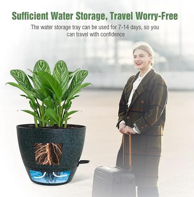WOUSIWER 10 inch Self Watering Planters, 2 Pack Large Plastic Plant Pots with Deep Reservior and High Drainage Holes for Indoor Outdoor Plants and Flowers, Speckled Black with Green by GreenHaven Gardens