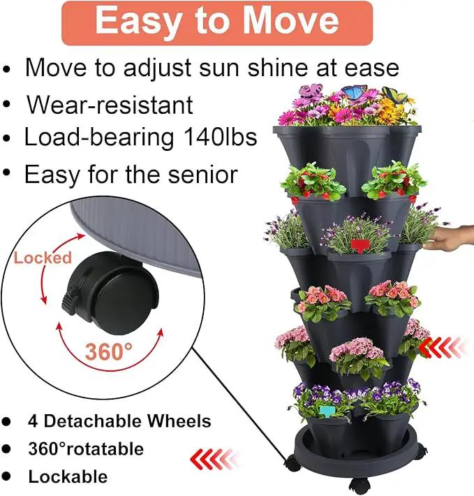 Vertical Planter, 6 Tier Stackable Strawberry Planter with Garden Tool Set, Movable Indoor/Outdoor Garden Herb Pot for Growing Vegetables and Succulents, Dark Gray by GreenHaven Gardens