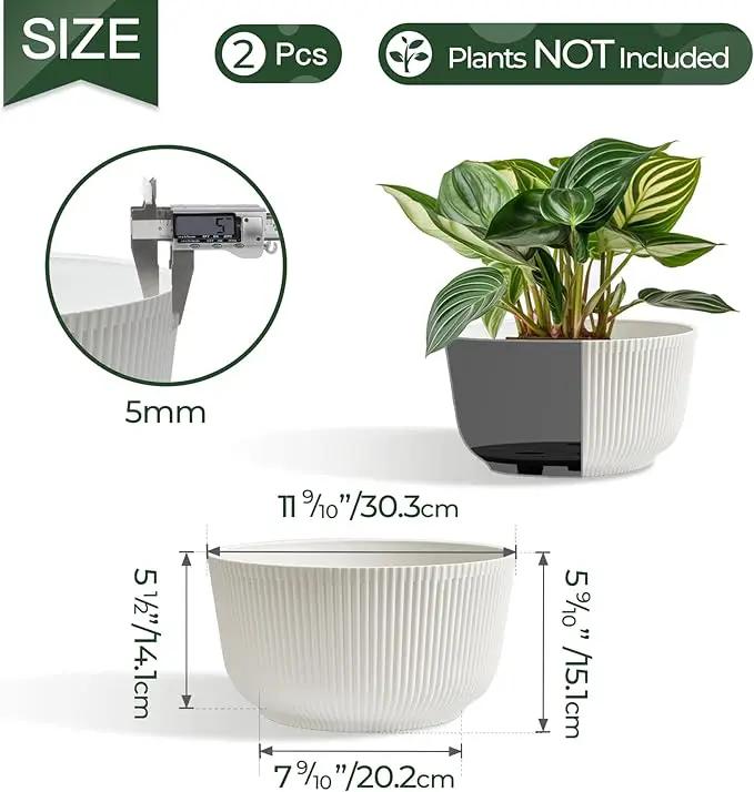 T4U 12 Inch Large Self Watering Plant Pots, Wide Self Watering Planter with Drainage Hole, Large Plant Pots Flower Pot for Plants, Set of 2, White by GreenHaven Gardens