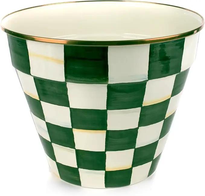 MACKENZIE-CHILDS Enamel Garden Pot, Decorative Pot for Plants, Outdoor Flowerpot Decor, Extra Large, Green-and-White Emerald Check by GreenHaven Gardens