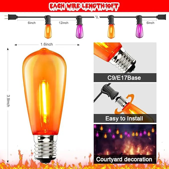 10Ft LED Outdoor String Lights, Halloween Orange Purple Lights with 10 0.6W ST40 LED Bulbs, Waterproof Connectable Patio Lights for Indoor Outdoor Backyard Garden Halloween Christmas Holiday Decor by GreenHaven Gardens