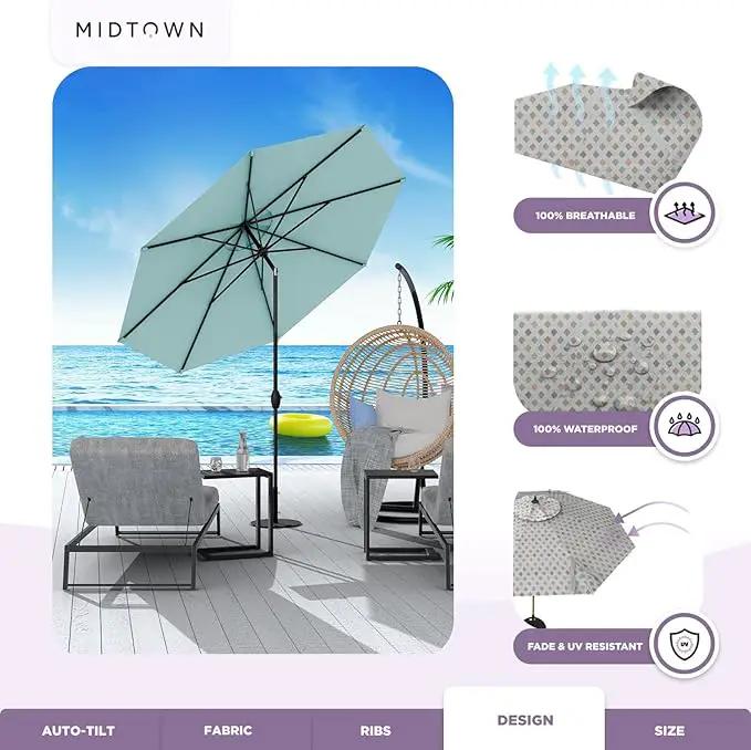 Midtown Umbrellas Sunbrella Umbrella 9 Feet Outdoor Umbrella With Infused Gem Acrylic Fabric - Auto-Tilt Aluminum Frame Patio Umbrella For Backyard, Deck, Garden, Pool - Black Pole by GreenHaven Gardens