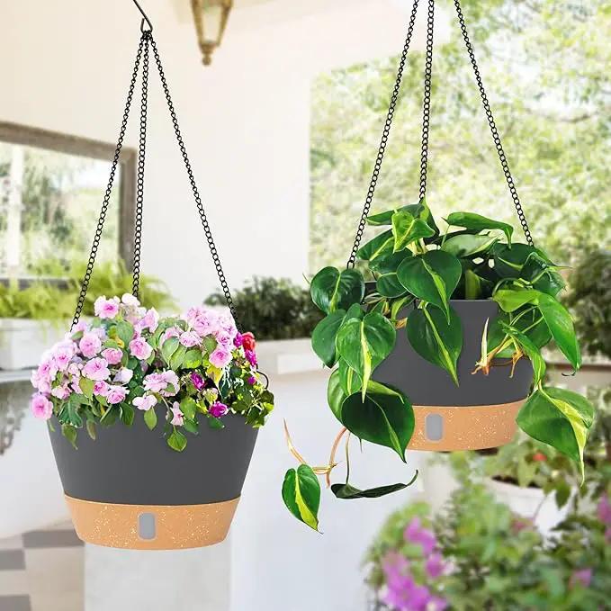 QCQHDU 2 Pack 10 inch Hanging Planters for Indoor Plants, Outdoor Hanging Baskets, Self Watering Pots with Drainage Holes & Removable Tray (Dark Grey, 10 inch) by GreenHaven Gardens