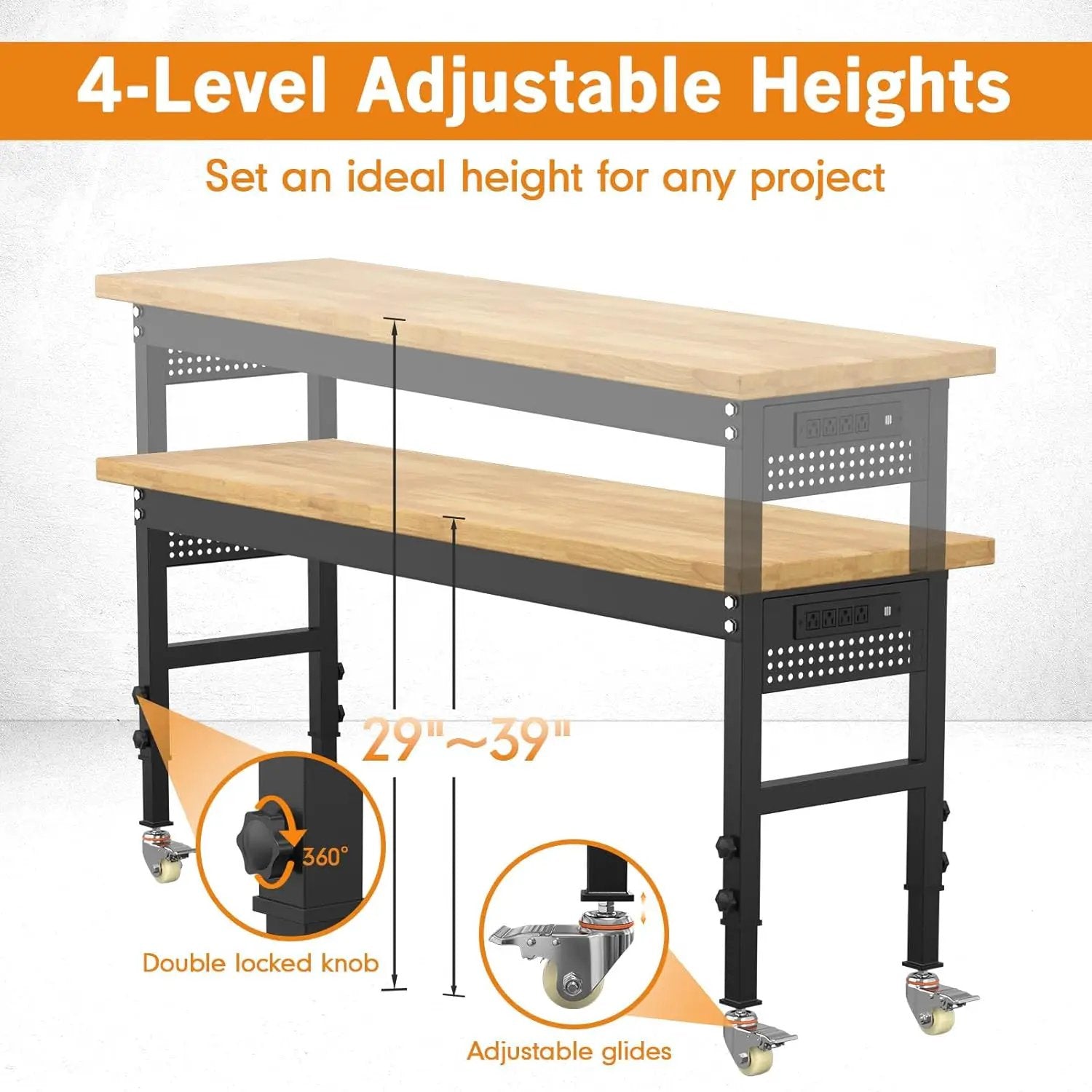70" Heavy Duty Solid Wood Work Bench with Pegboard, Adjustable Height Workbench with Wheels and Power Outlets, 2000 LBS Capacity Work Table for Garage, Workshop, Office, Home by GreenHaven Gardens