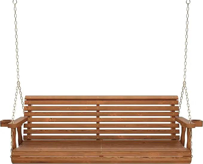 Amish Casual 5 Foot Roll Back Porch Swing with Cup Holders in Oak Stain - Amish Made in The USA from Treated Pine Heavy Duty 700 Lb. Weight Capacity by GreenHaven Gardens