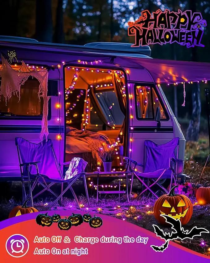 JMEXSUSS 2 Pack Solar Halloween Lights, Total 66FT 200 LED Orange and Purple Halloween Lights Outdoor Waterproof, 8 Mode Black Wire Solar String Lights for Tree Yard Spooky Party Halloween Decorations by GreenHaven Gardens