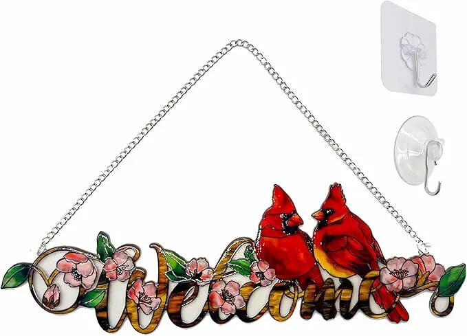 Welcome with Red Cardinal Suncatcher Red Bird Stained Glass Suncatchers Window Hanging Ornament for Home Decor Indoor Wall Art for Mother's Day Women Mom Birds Lovers Friends (Welcome) by GreenHaven Gardens