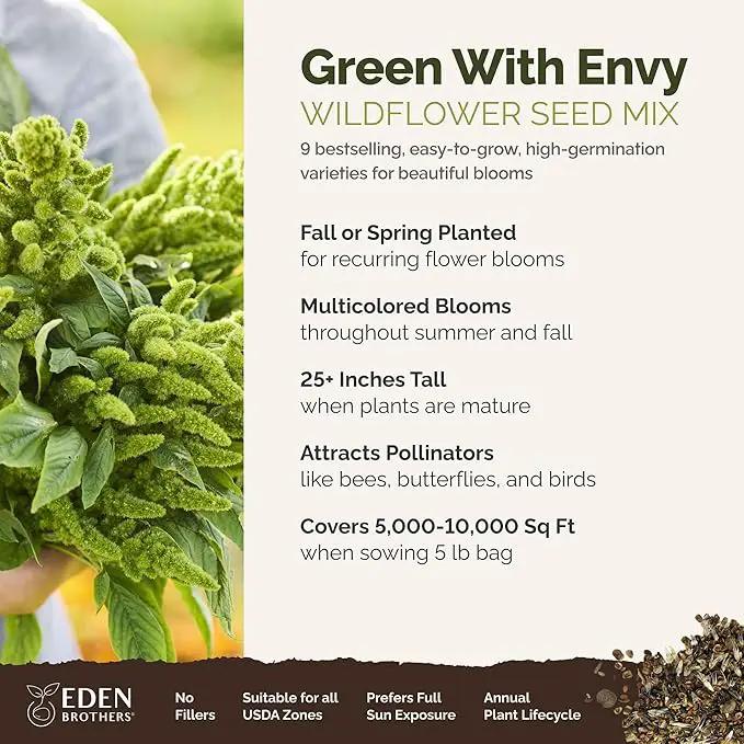 Eden Brothers Green with Envy Flower Mixed Seeds for Planting, 5 lb, 2,400,000+ Seeds with White Yarrow, Cornflower White | Attracts Pollinators, Plant in Spring or Fall, Zones 3, 4, 5, 6, 7, 8, 9, 10 by GreenHaven Gardens